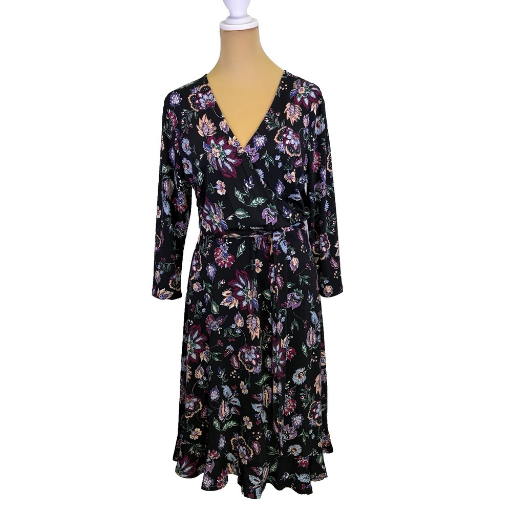 Leota Woman's Faux Wrap Dress Size‎ L Black Floral Dark Romantic Flowy Classy